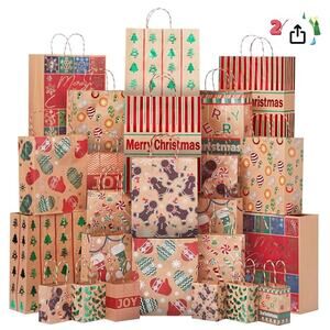 24 Christmas Foil Kraft Gift Bags Assorted Sizes with Twine Handles-24 Different